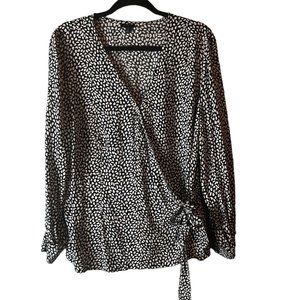 Talbots Spot Print Long Sleeve Faux Wrap Top Blouse Black White Plus Size X
